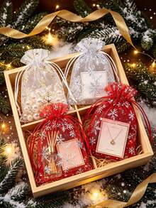 50pcs/Set Christmas Snowflake Print Organza Drawstring Gift Bags, Red Silver Mesh Pouch For Xmas Party Favor Packaging - Multicolor - View 1