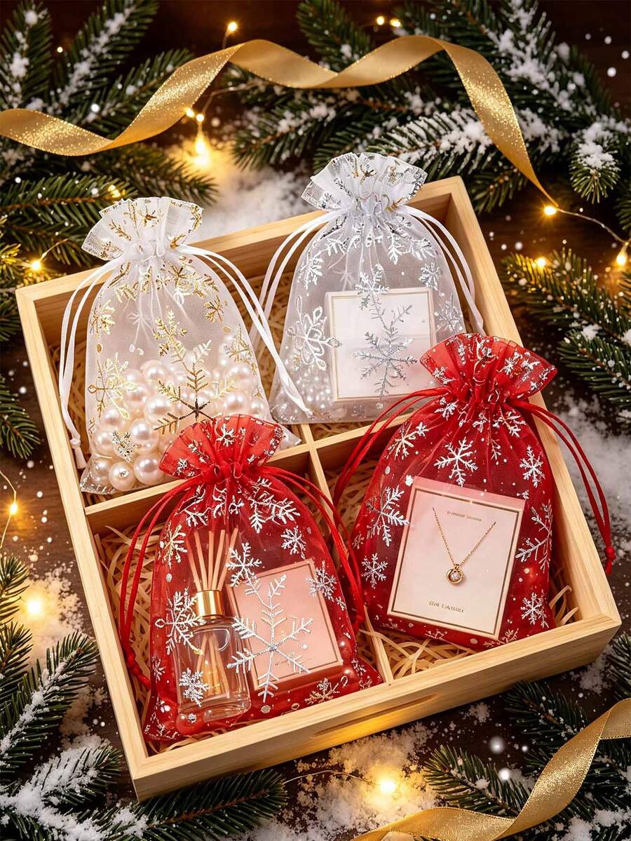 50pcs/Set Christmas Snowflake Print Organza Drawstring Gift Bags, Red Silver Mesh Pouch For Xmas Party Favor Packaging - Multicolor - View 1