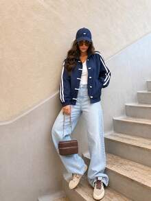 Women's Autumn/Winter New Faux Suede Patchwork Side Stripe Zipper Chinese Frog Button Raglan Sleeve Jacket, Elastic Cuffs And Hem Outerwear - Navy Blue - View 10