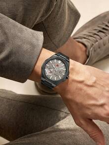 NSNEVER STOP NS Round Steel Band Business Casual Quartz Men's Wristwatch With Rotating Crown, Folding Clasp, Suitable For Daily Commute And Multiple Holiday Gift-Giving, Gift Box Included - Black - View 2