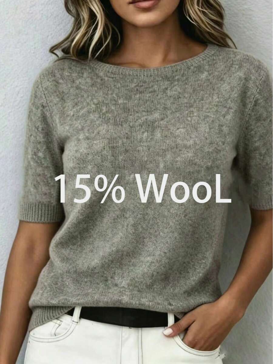 女款 15% 羊毛混紡針織短袖上衣，基本款圓領素色五分袖，輕量簡約通勤內搭針織毛衣