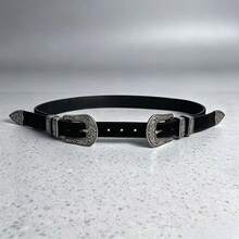 1PC Unisex Retro Western Boho PU Suede‑Like Decor Waist Belt, Engraved Double Metal Buckle For Jeans All‑Season Street Casual Daily Outfit Matching - Black - View 2