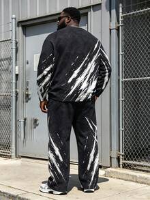 Plus Size Men's 2 Pieces Set, Men's Wide Leg Pants, Long Sleeve Graphic T-Shirt, Streetwear "Tiger Head Brushstroke Flame Print" Pattern Outfit - Polyester Fabric, Drawstring, Pockets, Suitable For Plus Size - Black - View 4