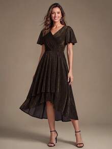 EVERPRETTY Elegant V-Neck Midi Formal Dress, Ruffle Short Sleeves And High-Low Hem, Made Of Luxurious Woven Fabric, Suitable For Evening Occasions - Brown - View 3