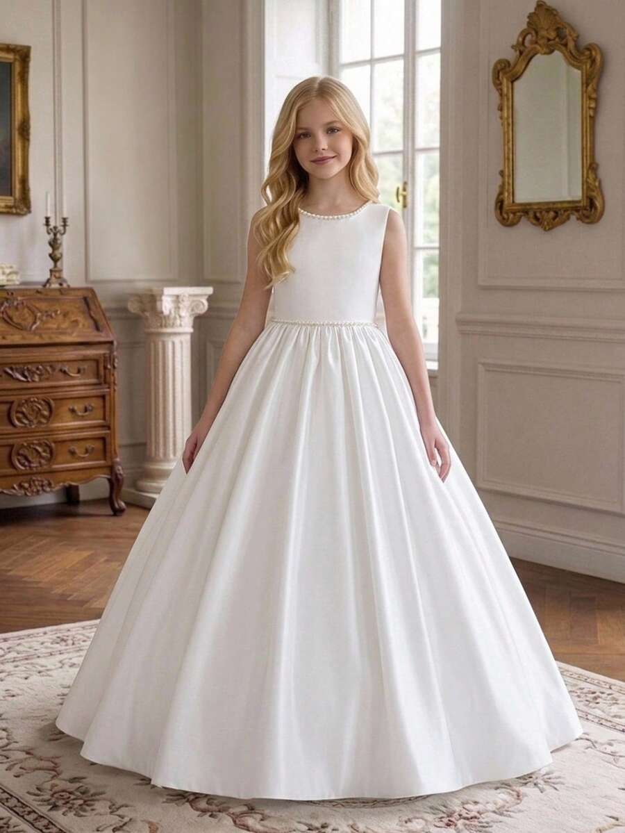 Tween Girls Faux Pearl Back V-Neck Large Bow Satin Flower Girl Wedding Evening Dress, Suitable For Prom, Headband Not Included - White - View 1