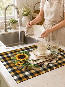 1pc Sunflower Plaid Pattern Diatomaceous Earth Kitchen Drain Mat, Absorbent Dish Drying Mat, Coffee Machine Mat, Dishwashing Mat, Sink Mat, Kitchen Countertop Protector, Suitable For Cups, Plates, Tableware And Kitchen Decor - Multicolor - View 2
