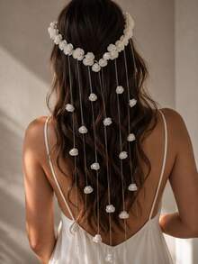 STONEFANS 1pc White Flower Tassel Headband, European & American Style Elegant Bridal Wedding Hair Accessory - Silver - View 1