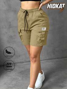 Hidkat Women's Solid Color Casual Sports Shorts With Side Pockets, Suitable For Summer Daily Wear And Outdoor Sports, Training - Khaki - View 3