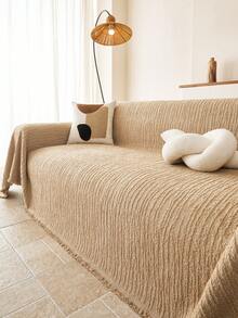 1‑Piece Universal Sofa Cover, Thick Woven Wavy Striped Reversible Double‑Sided Usable Sofa Throw With Tassels, Durable Furniture Protector For Boho Minimalist Home Style - Khaki - View 4