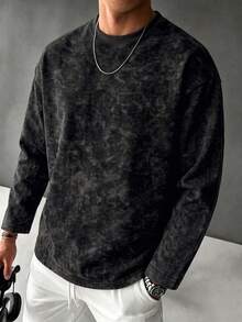 Men's Spring/Autumn Fashion Versatile Guide Heart & Brain English Print Crew Neck Faux Washed Long Sleeve T-Shirt - Black - View 5