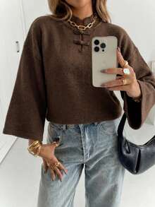 SEREN Elegant Women's Regular Fit Pullover Sweater, Brown, With Traditional Button Details And Wide Cuffs, Autumn Outfit Essential - Brown - View 4