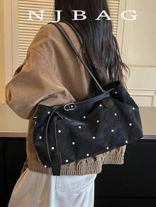 1pc Vintage Rivet Large Capacity Tote Bag, Commuter Oversized Underarm Bag, Fashion Motorcycle Bag, PU Matte Leather, Shoulder Strap, Zipper Closure, Women's Work/School/Travel/Shopping/Business Shoulder Bag, Suitable For Daily Use - Black - View 1