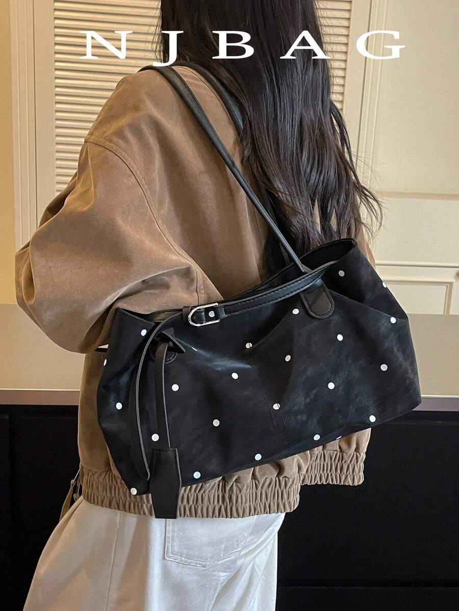 1pc Vintage Rivet Large Capacity Tote Bag, Commuter Oversized Underarm Bag, Fashion Motorcycle Bag, PU Matte Leather, Shoulder Strap, Zipper Closure, Women's Work/School/Travel/Shopping/Business Shoulder Bag, Suitable For Daily Use - Black - View 1