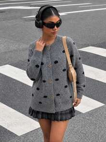 Women's Round Neck Polka Dot Knit Cardigan, Comfortable Button Sweater, Suitable For Autumn/Winter Thanksgiving, Halloween, Christmas Outfits - Grey - View 4