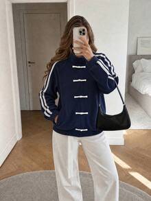 Women's Autumn/Winter New Faux Suede Patchwork Side Stripe Zipper Chinese Frog Button Raglan Sleeve Jacket, Elastic Cuffs And Hem Outerwear - Navy Blue - View 6