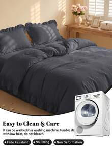 2/3pcs Ruffle Duvet Cover Set, Dorm Bedding, Solid Color Bedding Set, Room Decor, Skin-Friendly Breathable, Super Soft Anti-Pilling, Twin XL Bed Sheet, Duvet Insert Not Included, Fits Twin, Full, King, Queen Sizes, All Season, Machine Washable, Back To School - Grey - View 7