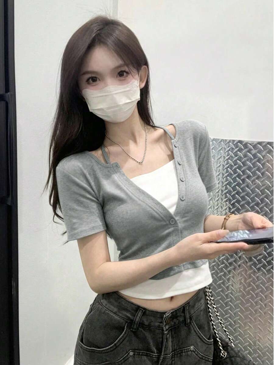 春夏季韓風掛脖式2合1撞色女款休閒T恤 - 灰色 - 查看 1