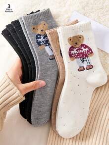 3 Pairs Women's Autumn/Winter Warm Socks, Bear Themed Fuzzy Socks, Protect Calves - Multicolor - View 5