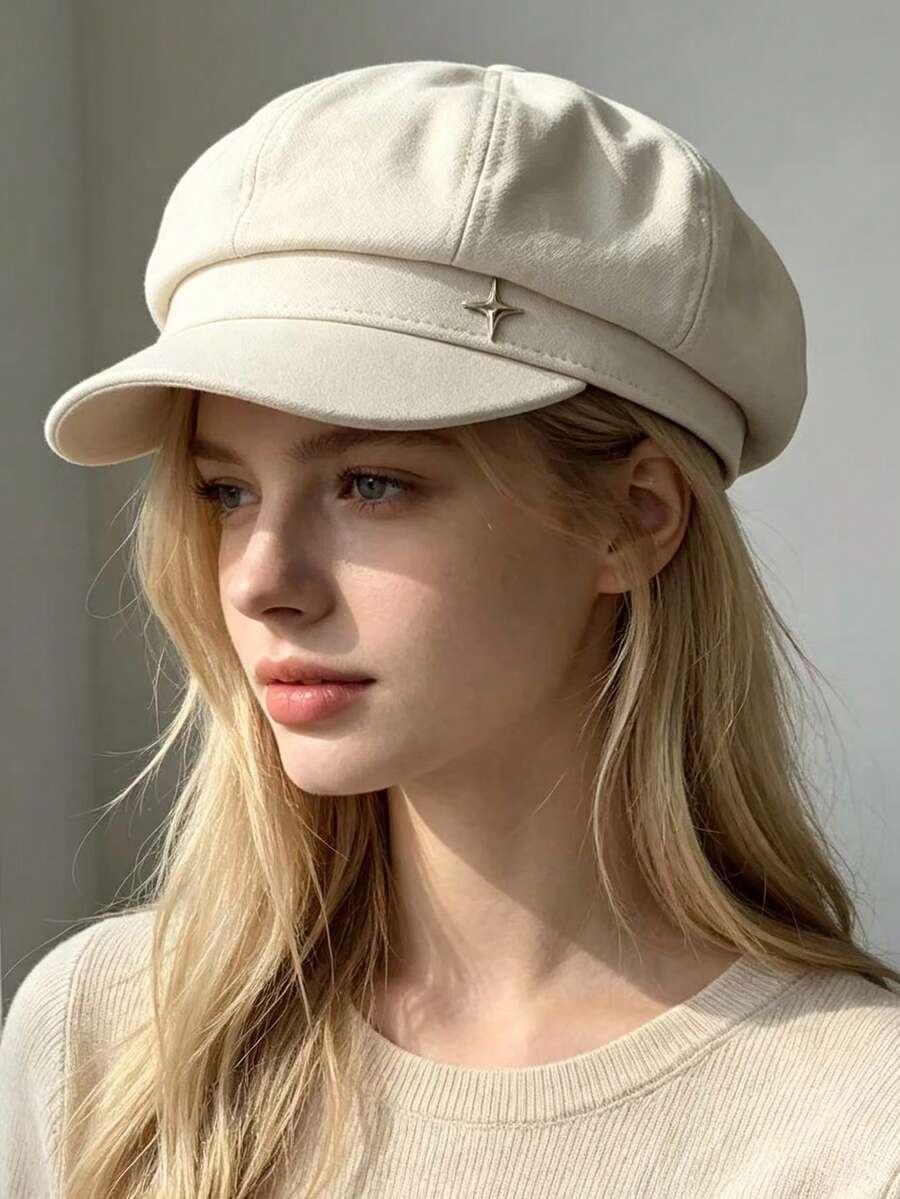 1 Piece Of Women's Korean Classic Octagonal Hat And Newsboy Cap, Exquisite Four-Pointed Star Decoration, Sun Protection And Slimming Face - Multicolor - View 1