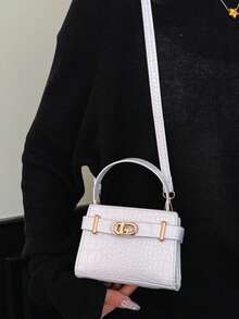 1pc Mini Solid Color Embroidered Pressed Crocodile Texture Square Bag With Turn Lock Flap, Essential Handbag, Shoulder Bag, Crossbody Bag For Shopping And Travel - Multicolor - View 6