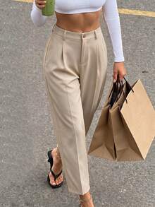 Spring Summer Autumn Khaki Straight Leg Casual Long Pants Commute Office Style Daily - Apricot - View 2