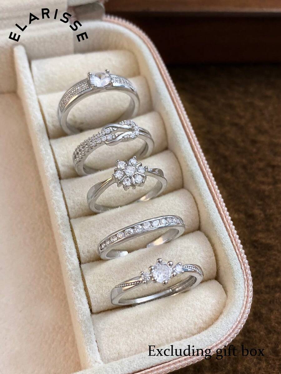 5pcs Exquisite Minimalist Cubic Zirconia Geometric Ring Set, Suitable For Women's Party And Gathering