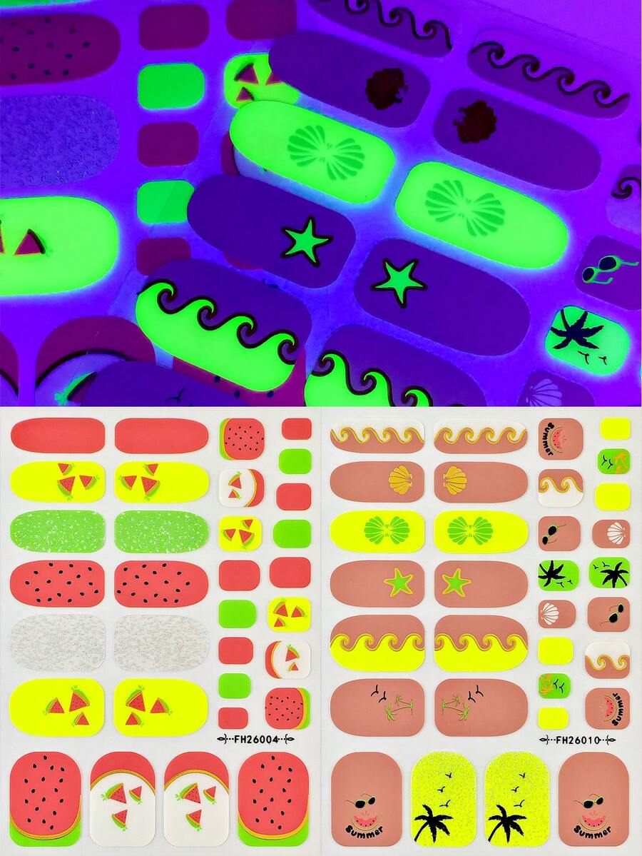2 Sheets Fluorescent Full Coverage Nail Stickers For Hands And Feet, Watermelon, Wave, Shell, Coconut Tree Elements, Self-Adhesive Glossy Nail Film, Suitable For Halloween, Music Festival And Night Party
