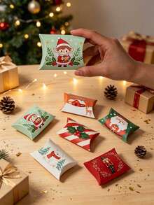 6PCS/12PCS Kotak Hadiah Berbentuk Bantal Kartun Natal, Kotak Kertas Bergambar Santa, Nutcracker, dan Elf untuk Permen, Kue, dan Camilan, Kemasan Suvenir Pesta Natal - View 7