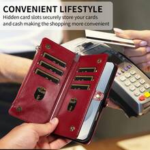1pc Embossed Zipper Wallet Phone Case Made Of Artificial Leather, Compatible With Apple 18 Pro Max, A57, Note 15 PRO, Portable Crossbody Coin Purse Protective Shell (Global Version, Not Local Model) - Burgundy - View 8