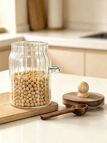1pc Glass Jar Set With Wooden Lid And Spoon - Multi-Purpose Storage Container For Coffee, Candy, Tea, Snacks, Seasonings, Salt And Pepper - Hand Washable, Reusable, Round Flip Lid Jar, No Electricity Required - View 2