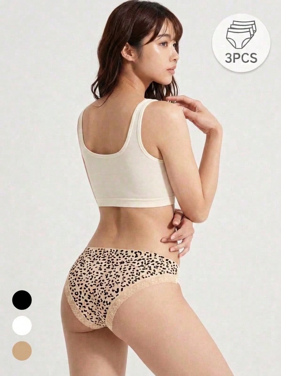 Mystèrelle 3pcs Women's Lace Trim Comfortable Ribbed Fabric Sweet Print Daily Versatile Triangle Panties - Multicolor - View 1