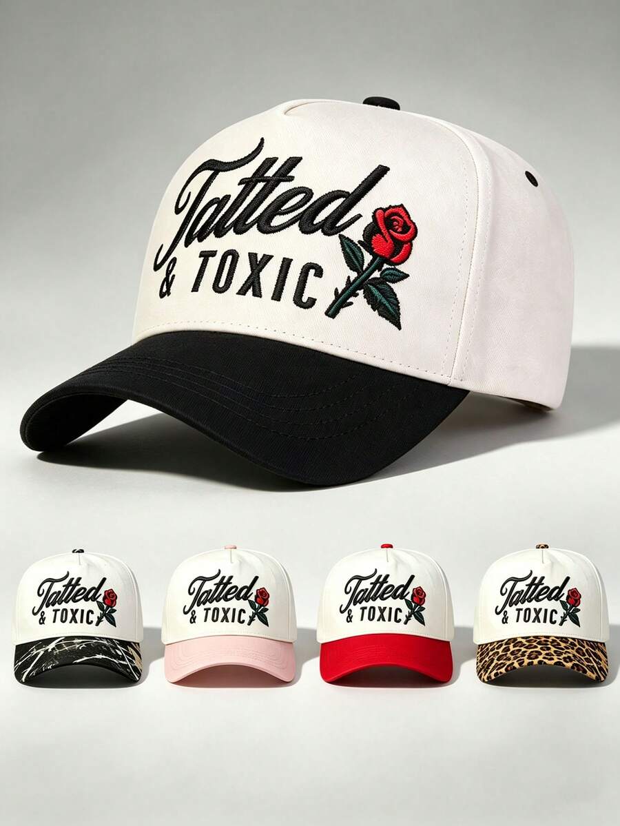 1pc Two-Tone Hat Rose & Slogan Embroidered Hats Adjustable Hat Perfect For Parties, Running, Hiking, And Sun Protection