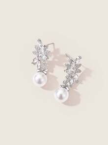 Valisandre 2pcs Set Elegant Floral Design White Zirconia Earrings - Silver - View 4