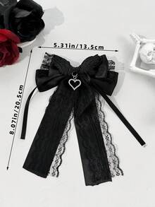 1pc Gothic Lolita Style Bow Hair Clip With Angel Wings Design, Heart Rhinestone Pendant, Long Lace Draping Ribbon, Girly Aesthetic Accessory For Anime Convention, Outing, Photo Shoot, Back Of Head Hair Ornament - Multicolor - View 9