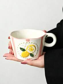 3D Embossed Lemon Ceramic Cup, Hand-Painted Striped Coffee Mug, Cute Asymmetrical Wavy Edge Tea Cup, Microwave And Dishwasher , Fun Fruit Drinkware Kitchen Gift, Christmas Present - Multicolor - View 10