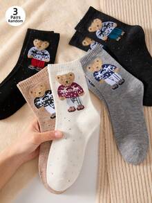 3 Pairs Women's Autumn/Winter Warm Socks, Bear Themed Fuzzy Socks, Protect Calves - Multicolor - View 7