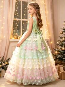 Tween Girl Green Princess Backless Colorful Butterfly Dress, Teens Flower Girl Wedding Party Formal Gown - Green - View 2
