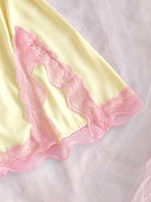 Women's Soft Contrast Color Ruffle Lace Backless Slip Dress, V-Neck Side Slit, Romantic Baby Doll Style Camisole Nightgown, Sweet Sexy Slip Dress Nightgown - Yellow - View 9
