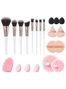 21 Pcs/1 PC Complete Cosmetic Set, 8 Pcs White Coffee Mixed Bristle Makeup Brushes Plus 13 Pcs Makeup Sponges, Gradient Size Brush Heads Realize Large Area Blending And Precise Detail Modification For Delicate Makeup Look - Multicolor - View 12