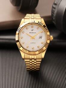 RICECGO A Lightweight, Luxury Men's Business Watch With A Checkered Rhinestone-Embellished Dial, Perfect As A Gift For Everyday Business Meetings - Gold - View 12