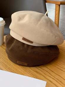 Women's Beret Hat, Retro Style, Versatile, Letter Decor, Face-Flattering, Octagonal Cap, Pumpkin Hat, Autumn/Winter - Multicolor - View 1