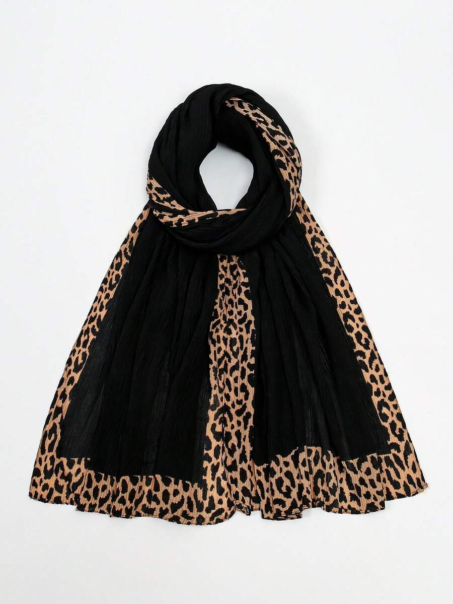1pc Women's Thin Fashionable Versatile Crinkled Sun Protection Scarf Shawl, Suitable For Daily Wear - Black - View 1