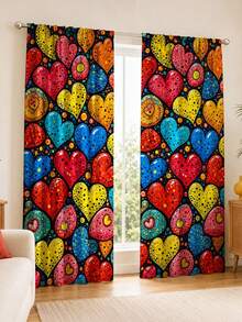 2Pcs Colorful Contrast Polka Dot Heart Print Curtains, Vibrant Artistic Heart Pattern, Living Room Bedroom Home Decor Hanging Curtains - Multicolor - View 2