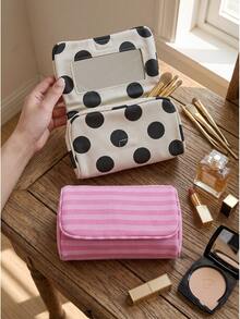 1pc Polka Dot & Striped Makeup Bag With Built-In Mirror, Portable Large Capacity Cosmetic Storage Bag, Women & Girls Travel Toiletry Organizer, Daily Use - Multicolor - View 3