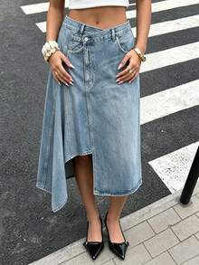 DEEKA Summer New Women's Fashion Asymmetric Denim Mini Skirt Casual - Blue - View 1