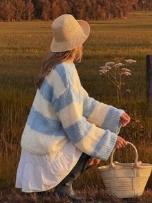 Fall Wide Striped Drop Shoulder Colorblock Crew Neck Coastal Cowgirl Boho Knit Sweater - Baby Blue - View 6