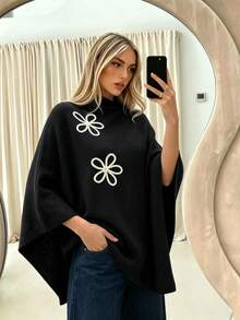 Women's Colorblock Floral Embroidered Loose French Elegant Fashion Knit Shawl, Autumn/Winter Daily Date Versatile Sweater Cape - Black - View 4