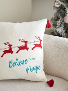 LCUHPCL 1pc Cream Christmas Style Santa Claus Reindeer Sleigh 3D Embroidered Tassel Decor Pillowcase, Home Decor For Living Room, Bedroom, Party, Sofa, Car And More - Multicolor - View 8