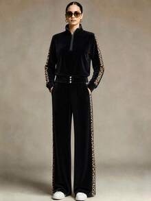 Women's Velvet Leopard Print Patchwork Half-Zip Stand Collar 2 Pieces Set, Casual Long Sleeve Top And Wide Leg Pants Sports Outfit - Black - View 1