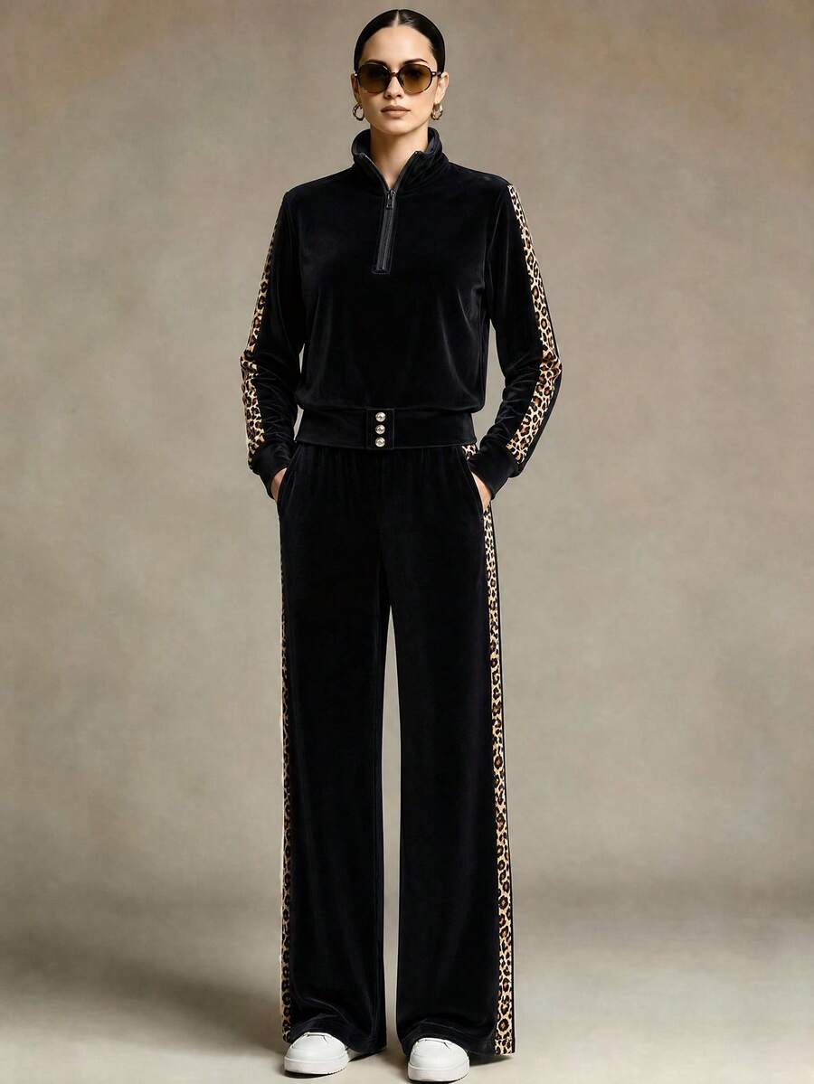Women's Velvet Leopard Print Patchwork Half-Zip Stand Collar 2 Pieces Set, Casual Long Sleeve Top And Wide Leg Pants Sports Outfit - Black - View 1